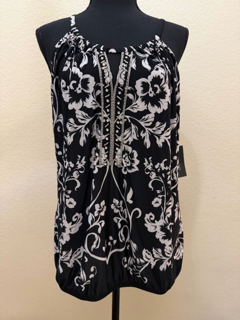 INC International Concepts Black & White Floral Embellished Camisole